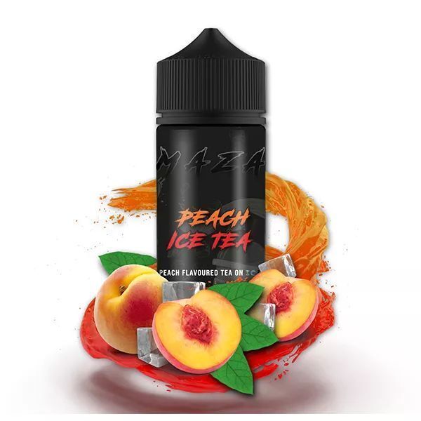 Aroma Peach Ice Tea von MaZa MaZa Aroma Peach Ice Tea Flasche umgeben von geschnittenen Pfirsichen, Eiswürfeln und einem Schwung aus orangener Flüssigkeit