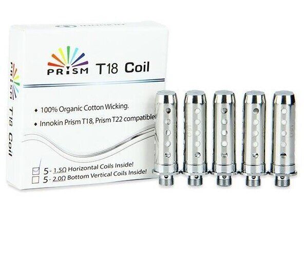 Innokin Endura T22/T18/T18ii 1,5 Ohm Verdampferköpfe Fünf silberne Verdampferköpfe für Innokin T18/T22 neben einer weißen Verpackung mit Aufschrift "T18 Coil" und Logo.
