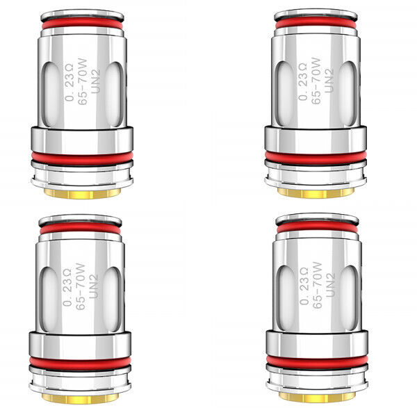 Uwell Crown 5 Verdampferköpfe 0,23 Meshed Vier Uwell Crown 5 Verdampferköpfe 0,23 Meshed mit rotem Dichtungsring und Beschriftung 0,23Ω 65-70W UN2 auf weißem Hintergrund