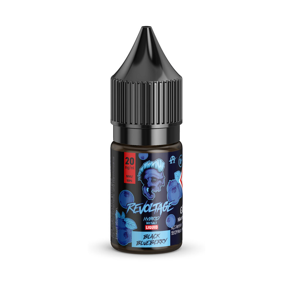 Flasche Revoltage Hybrid Liquid Black Blueberry 20mg mit schwarzem Deckel und blauem Design mit Totenkopf und Beerenabbildung