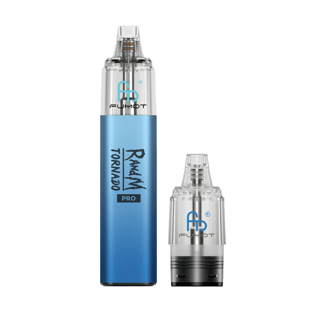 Blaues Fumot RandM Tornado Pro Pod Kit mit transparentem Mundstück, seitlichem Schriftzug "RandM Tornado Pro" und Fumot-Logo.