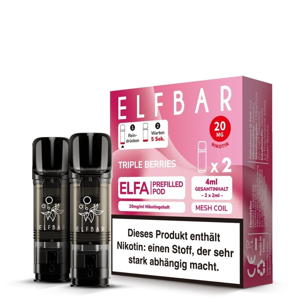 ELB555 Zwei Elfbar ELFA Pods Triple Berries 20mg vor einer rosa Verpackung mit Warnhinweis über Nikotinabhängigkeit