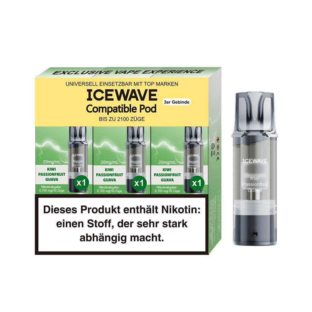 Icewave Pods - Kiwi Passionsfruit Guava 20mg Icewave Pods Kiwi Passionsfruit Guava 20mg Verpackung mit drei Pods, enthält Nikotinwarnung und Produktabbildungen, grüne und gelbe Farben.
