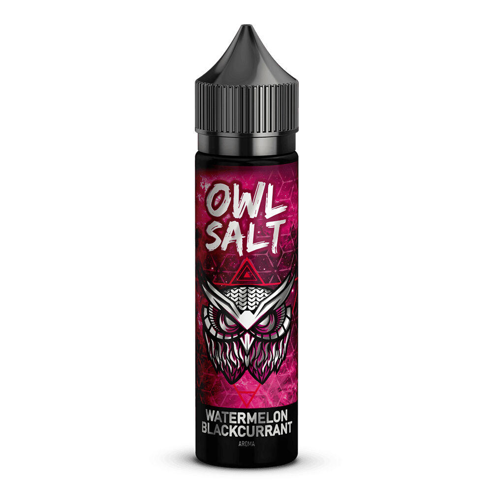 OWL174 Dunkel gestaltete Flasche OWL Salt Aroma mit Eulenmotiv und Beschriftung Watermelon Blackcurrant vor rotem Hintergrund.