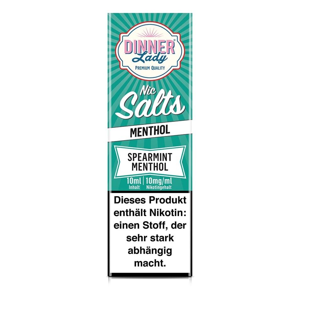 Dinner Lady Nikotinsalz Spearmint Menthol 10mg Packung, mit blau-grünem Design und Warnhinweis zu Nikotin-Abhängigkeit auf der Vorderseite