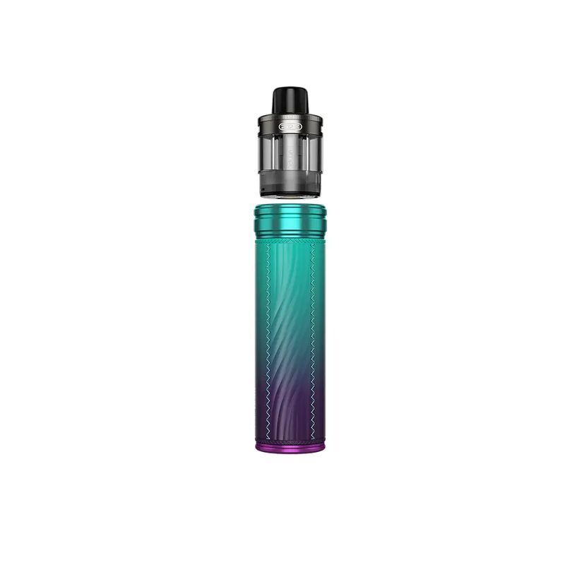 Voopoo Drag X2 Pod Kit in Sky Blue mit schwarzem Pod, stehende Ansicht, grünlich-blauer Verlauf am schlanken Gehäuse.