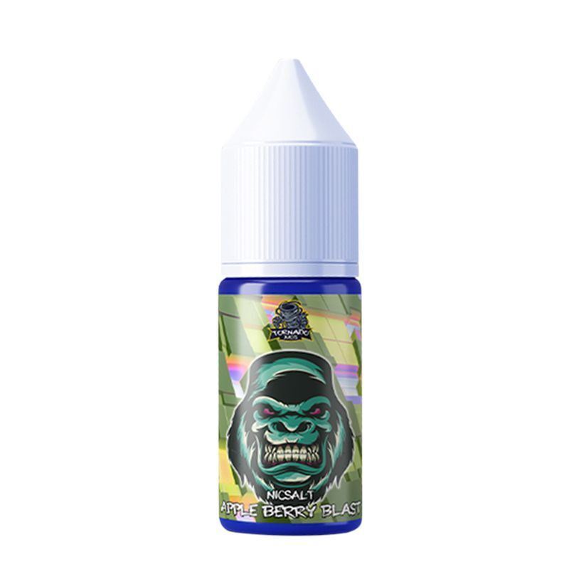 Liquid Apple Berry Blast mit 20mg Nikotin von Tornado Juice Produktflasche mit Etikett von Apple Berry Blast Nikotinsalz, darauf ein grimmiges Affengesicht mit buntem Hintergrund, weiße Kappe