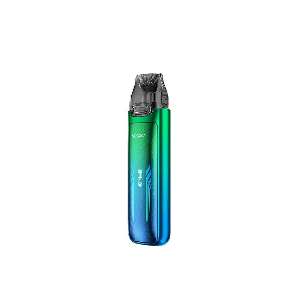 Voopoo VMATE Max Pod Kit in der Farbe Neon Blue Voopoo VMATE Max Pod Kit Neon Blue in grün-blauem Farbverlauf mit schwarzem Mundstück und sichtbarem Logo.