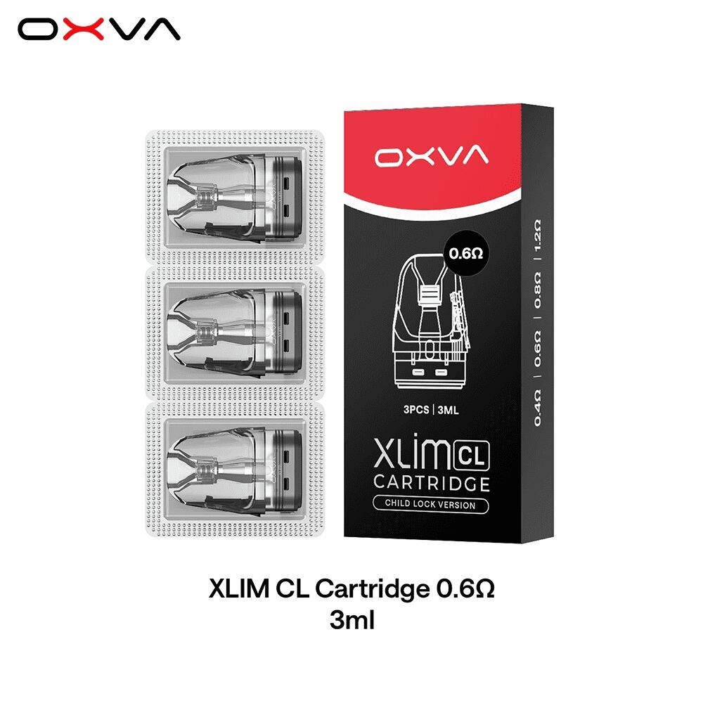 Oxva Xlim Pro Pods 0,6 Ohm, 3 ml, drei in Folienverpackung, neben schwarzer Box mit Beschriftung in Weiß und Rot