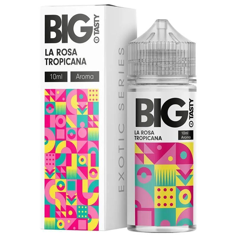 Aroma La Rosa Tropicana von Big Tasty Big Tasty Aroma La Rosa Tropicana Flasche und Verpackung mit buntem geometrischem Muster und schwarzem Schriftzug auf weißem Hintergrund
