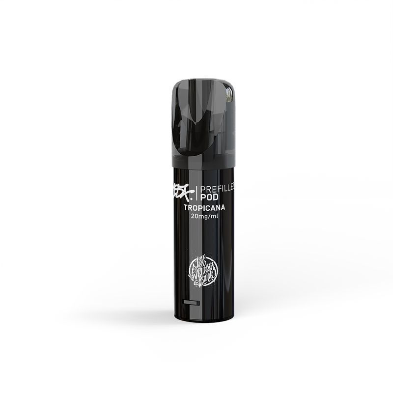 Tropicana 20mg - 187 Strassenbande Pods Schwarzer 187 Strassenbande Tropicana Pod, 20mg/ml, mit schwarzem Verschluss und weißem Logo auf der Vorderseite.
