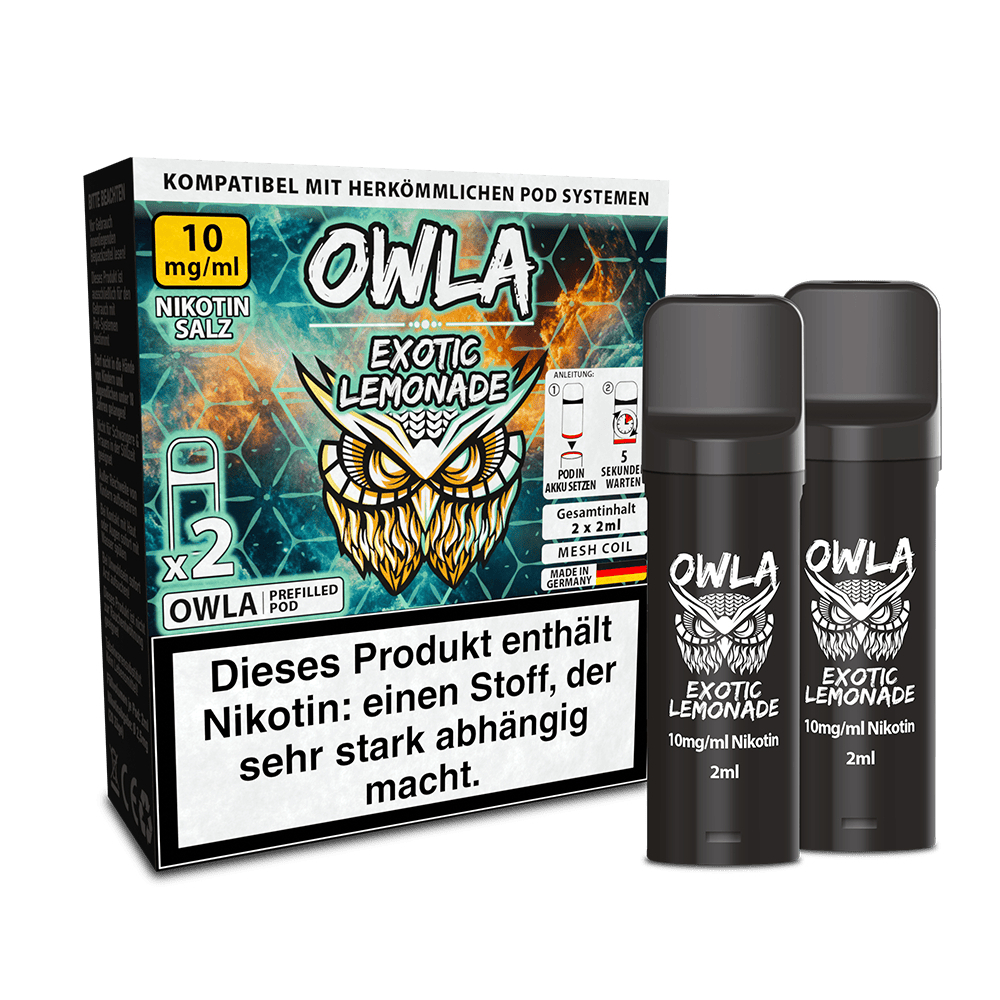 Owla Pods Exotic Lemonade 10mg Nikotin mit zwei schwarzen Pods, auffälliger Eulen-Grafik und Nikotin-Warnhinweis auf der Verpackung.