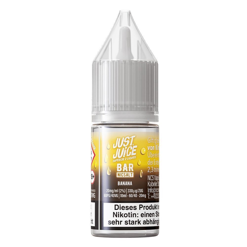 Liquid Banana 20mg - Just Juice Just Juice Nikotinsalz Banana 20mg E-Liquid im transparenten Plastikfläschchen mit gelb-schwarzem Etikett und Warnhinweisen.