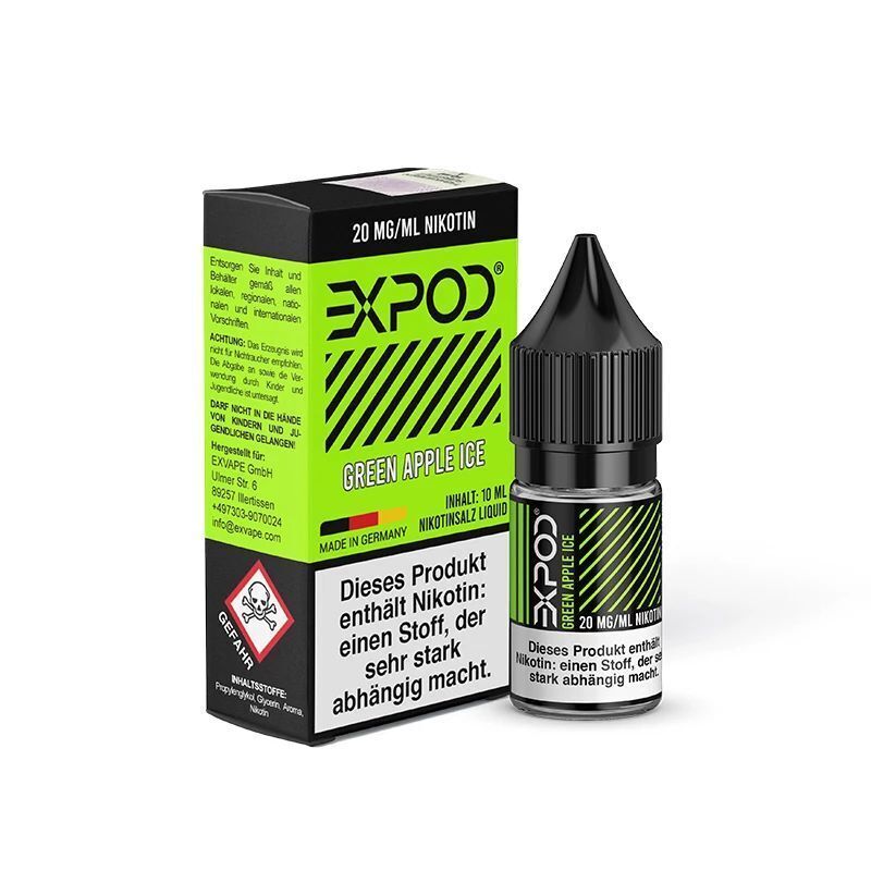 Liquid Green Apple Ice von Expod Expod Nikotinsalz Green Apple Ice 20mg Packung und Flasche mit Warnhinweis und grünen Streifen, enthält 10 ml Nikotinsalzliquid
