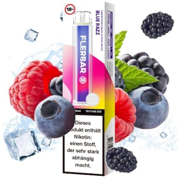 Blue Razz mit 20mg Nikotin Flerbar E-Shisha Flerbar-Vape-Stift Blue Razz 20mg mit Beeren und Eis, Verpackung zeigt Warnhinweis wegen Nikotingehalts