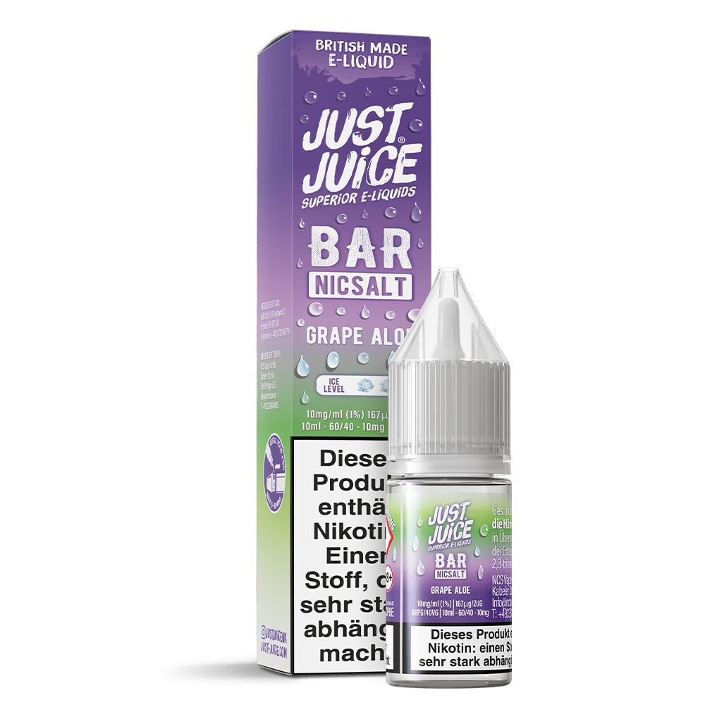 Liquid Grape Aloe 10mg - Just Juice Flasche und Verpackung von Just Juice Nikotinsalz Grape Aloe, lila-weißes Design mit Tropfenmotiven und Nikotin-Warnung.