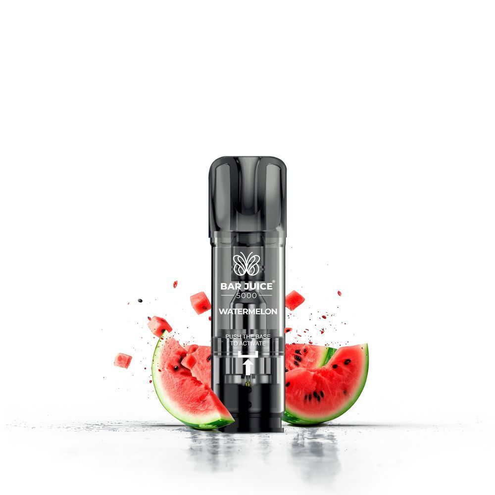 Watermelon 20mg - Bar Juice 5000 Pods Bar Juice 5000 Pod in der Geschmacksrichtung Wassermelone mit abgebildeten Wassermelonenstücken im Hintergrund, 20 mg Nikotin.