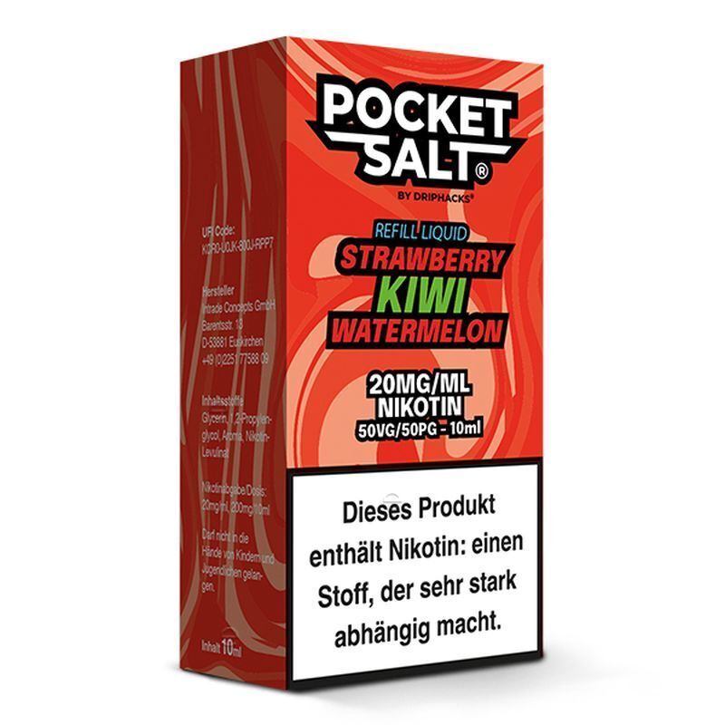 Verpackung von Pocket Salt Nikotinsalz Strawberry Kiwi Watermelon 20mg mit Nikotinwarnung und Inhaltsangabe auf rotem Hintergrund.