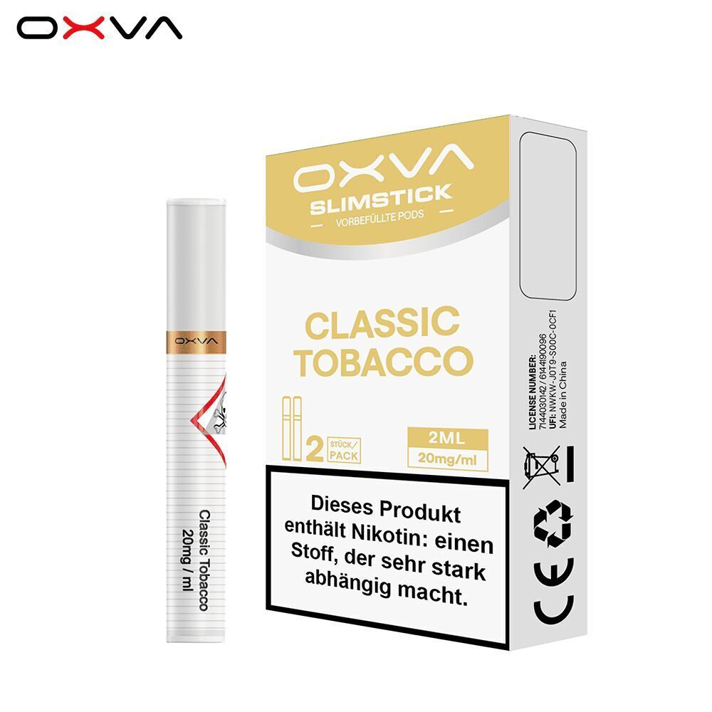 Oxva Slimstick Pods Classic Tobacco - 20mg Nikotinsalz Oxva Slimstick Pods Classic Tobacco 20mg Packung und Pod-Device mit 2ml Nikotinstärke und Warnhinweis zur Nikotinsucht.