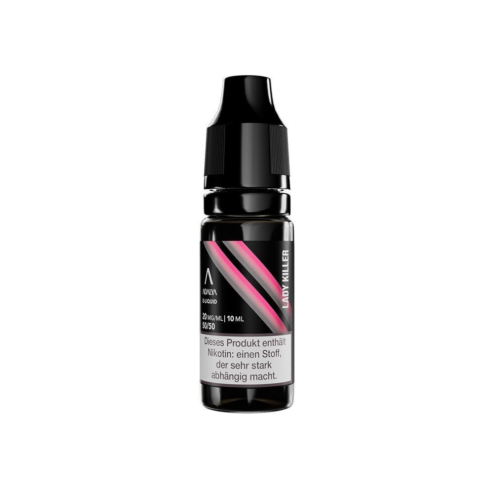 Liquid Lady Killer 20mg - Adalya Nikotinsalz Schwarze 10 ml Flasche Adalya Lady Killer Nikotinsalz 20mg mit rosa Akzenten und Warnhinweis wegen hohem Nikotingehalt.