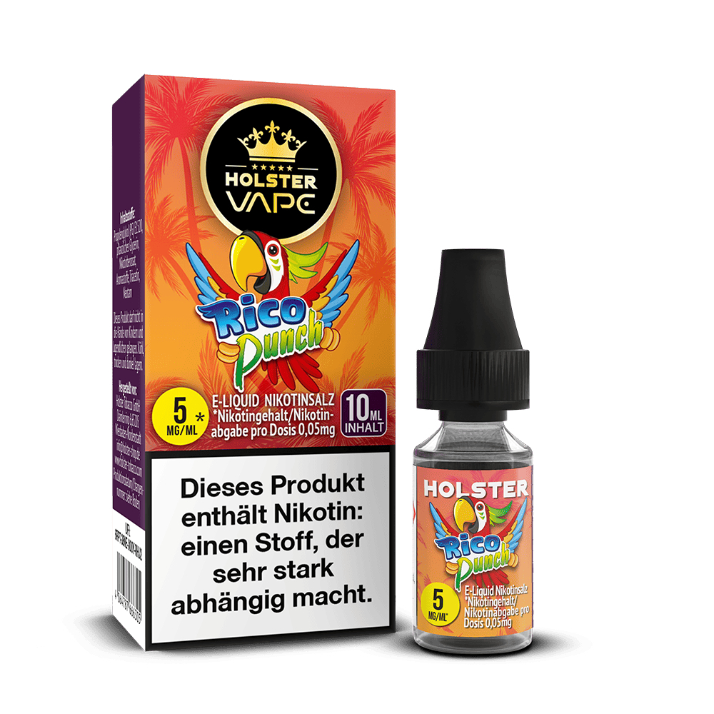 Verpackung und Flasche von Holster Nikotinsalz Rico Punch E-Liquid mit Papageienmotiv, Nikotinwarnhinweis und Angabe von 5 mg/ml, 10 ml Inhalt