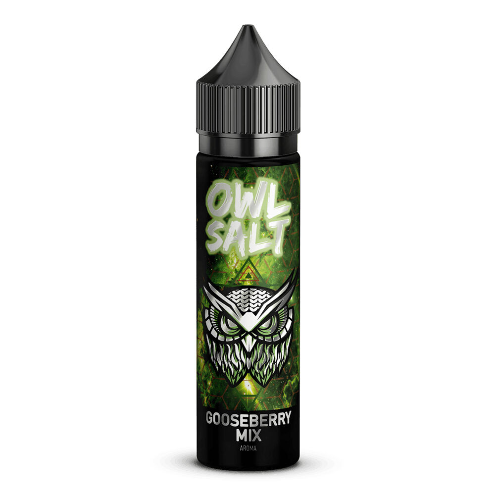 Owl Salt Aroma - Gooseberry Mix Owl Salt Aroma Flasche mit Eulenmotiv und grünem Hintergrund, beschriftet mit Gooseberry Mix Aroma, schwarzer Deckel.