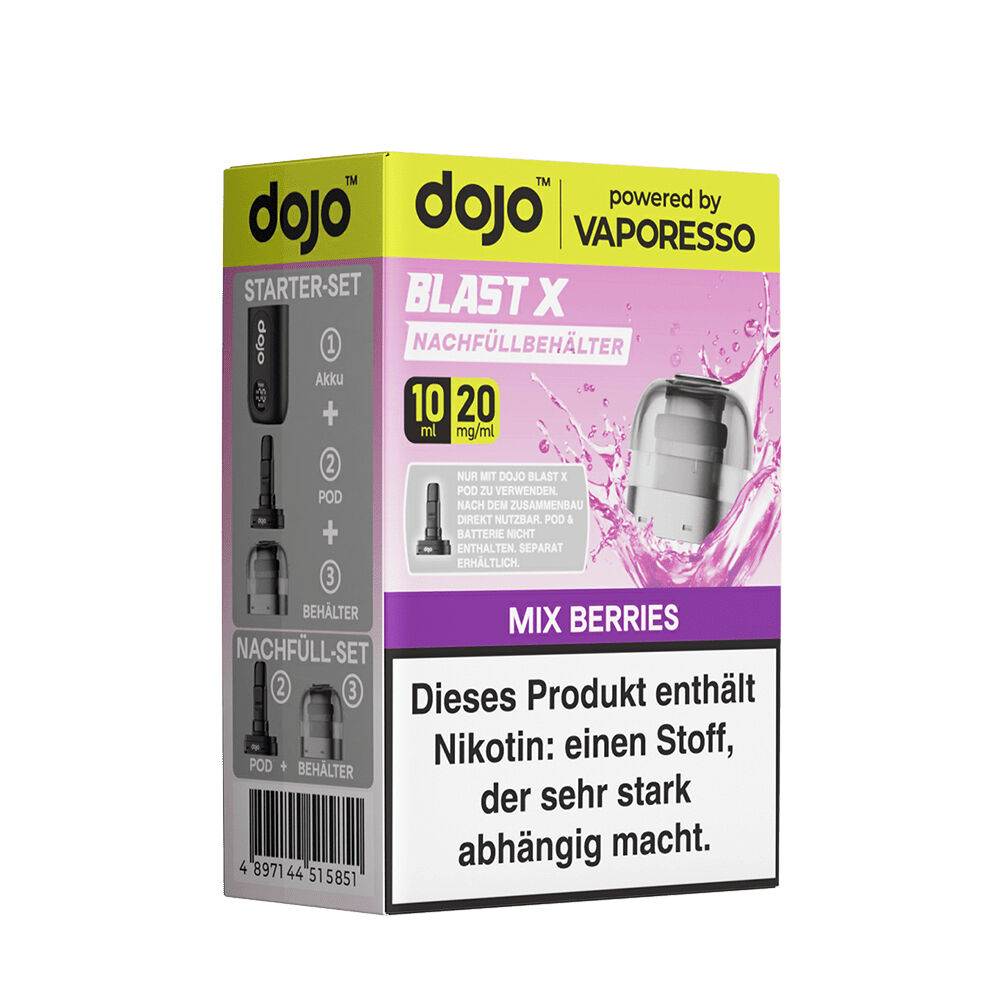 Vaporesso Dojo Blast X Pods - 20mg Nikotinsalz Verpackung von Vaporesso Dojo Blast X Pods Mix Berries 20mg mit Grafiken der Pods und einem Nikotinwarnhinweis in lila und gelben Farben.