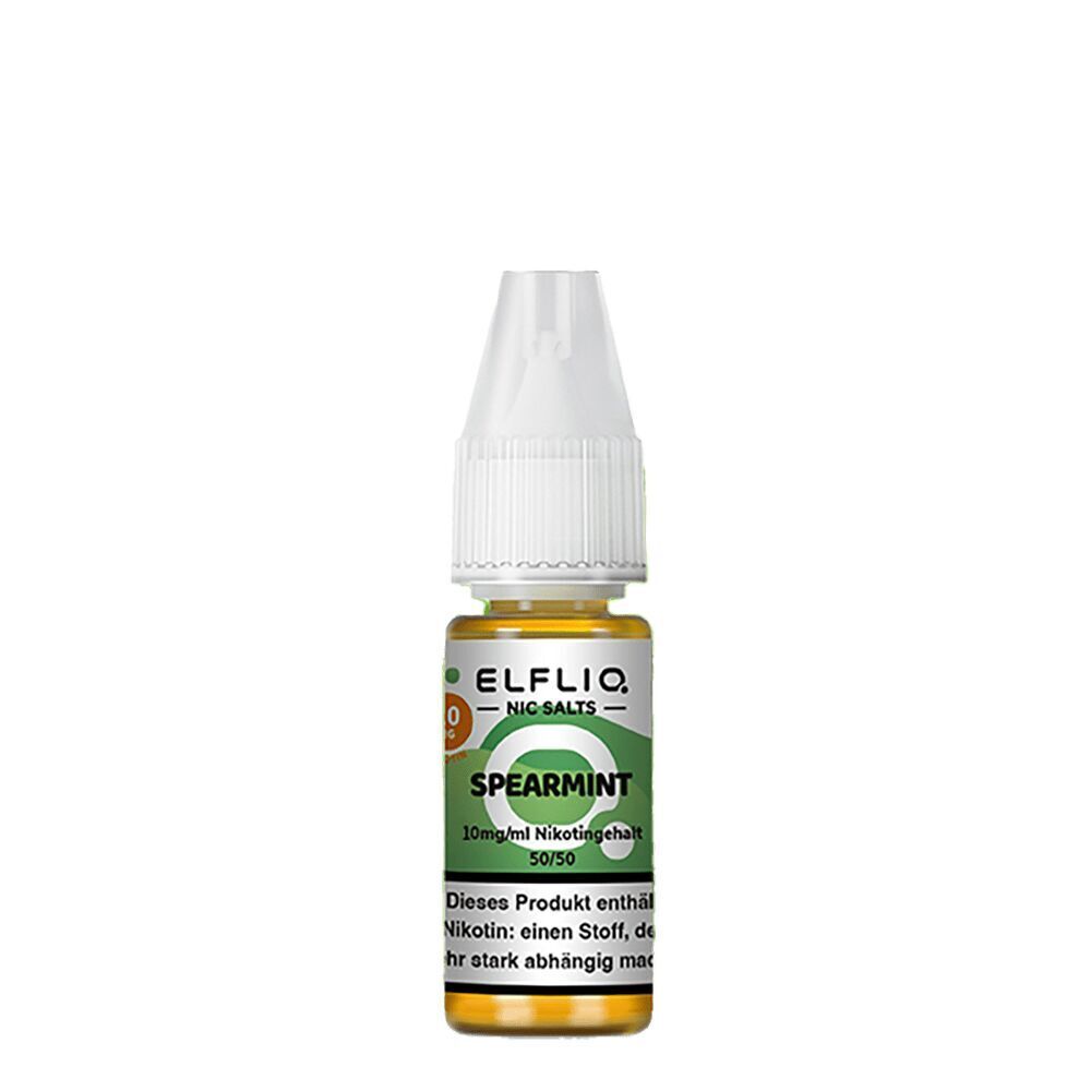 Elfliq Nikotinsalz - Spearmint 10mg Elfliq Nikotinsalz Spearmint Flasche mit 10mg Nikotingehalt, grün-weiße Etikettierung und Warnhinweis auf der Verpackung