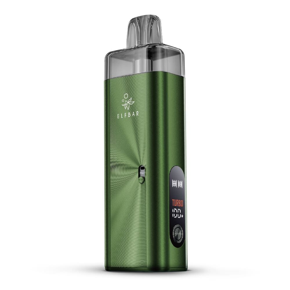 Elfbar Elfx Mega Pod Kit in Grün mit schwarzem Display, zeigt Text "Turbo" und "10.0" an, transparentes Mundstück oben