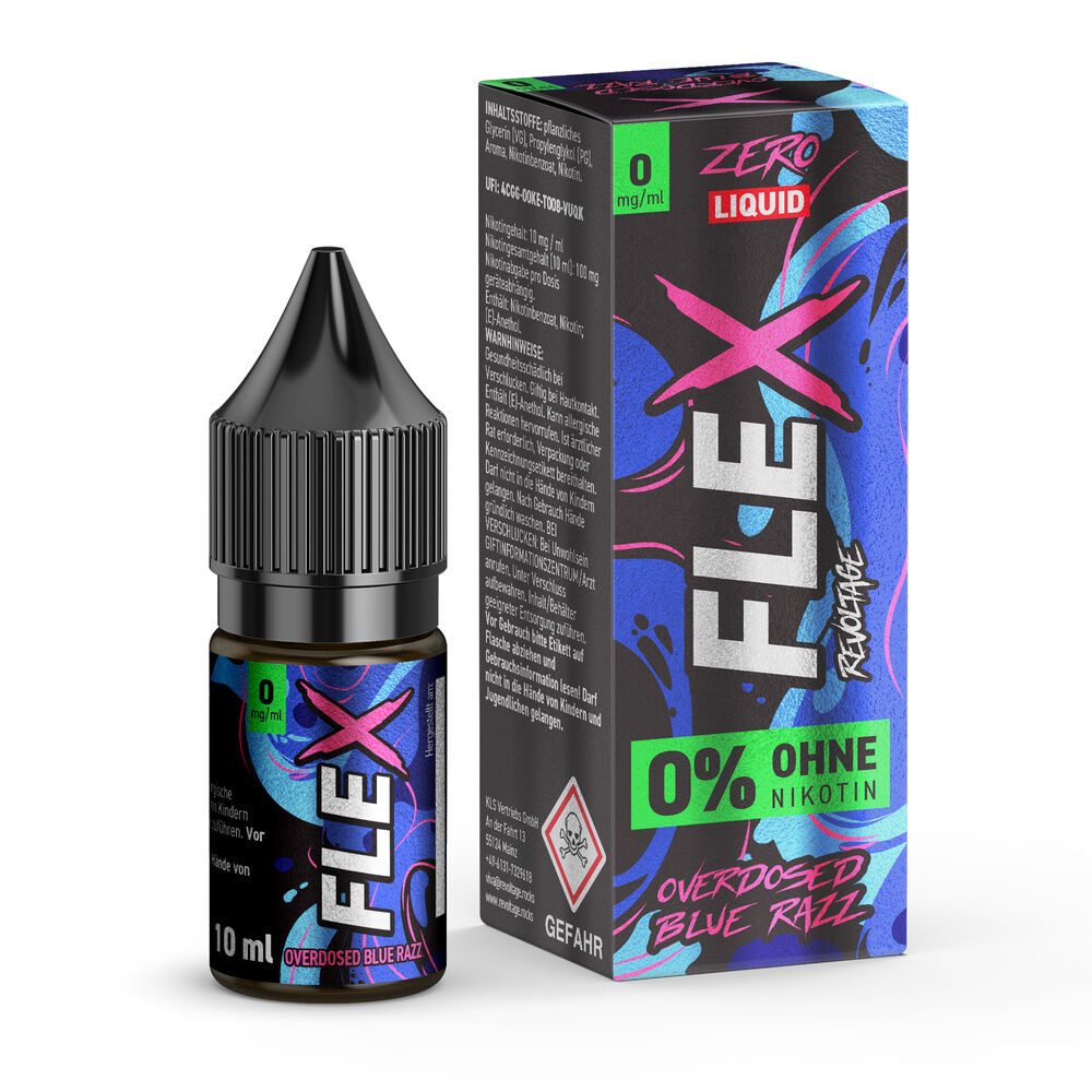 Revoltage Flex Nikotinsalz - Blue Razz Flasche und Verpackung von Revoltage Flex Nikotinsalz Blue Razz, auffälliges Design in Blau mit pinken Akzenten, 0% Nikotin.