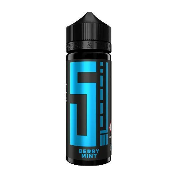 Aroma Berry Mint von 5 Elements Schwarze Flasche mit blauem "5"-Logo, Text "Berry Mint" unten, verschraubbarer Deckel