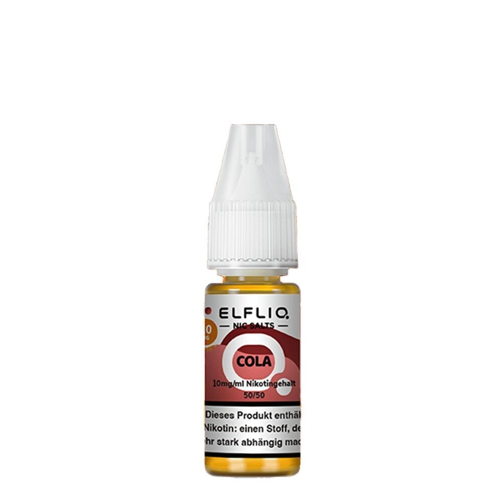 Elfliq Nikotinsalz - Cola 10mg Elfliq Nikotinsalz-Flasche mit Colaaroma, 10mg/ml Nikotingehalt, auf heller Rückseite sichtbar