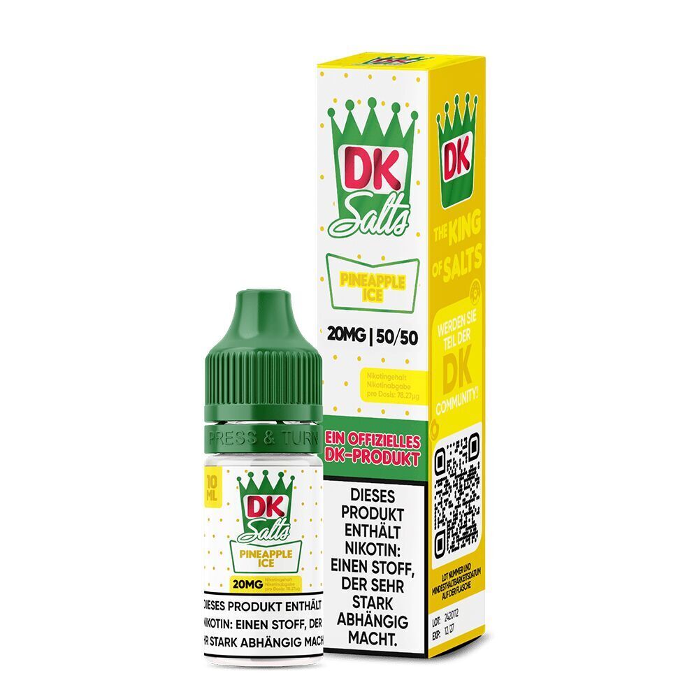 Liquid Pineapple Ice 20mg - DK Salts E-Liquid DK Salts Pineapple Ice 20mg in grüner Flasche und gelber Verpackung mit Hinweis auf Nikotininhalt und Markenlogo.