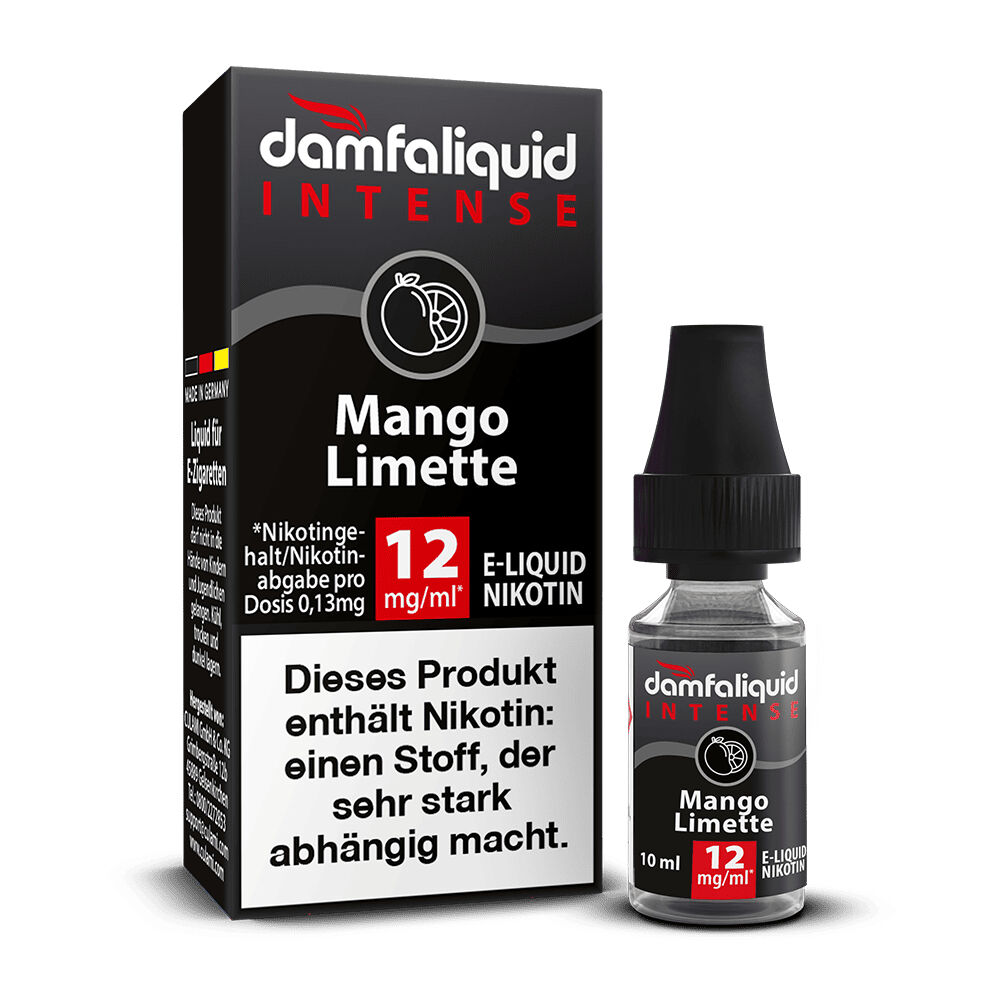 Damfaliquid Intense Liquid Mango Limette 12 mg, Flasche und Verpackung, enthält Nikotinwarnung und Dosierungshinweise.
