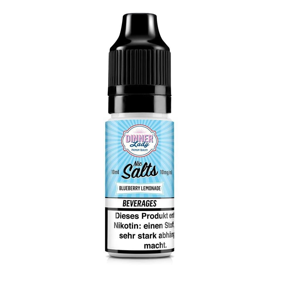 Eine Flasche Dinner Lady Nikotinsalz Blueberry Lemonade 10mg mit blauem Etikett und Warnhinweistext