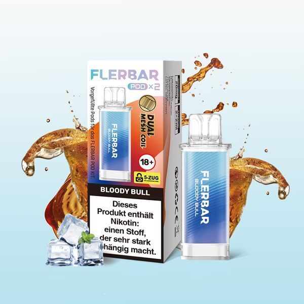 Bloody Bull 20mg - Flerbar Pods Flerbar Pods Bloody Bull 20mg Verpackung und Pod mit E-Liquid abgebildet, umgeben von spritzendem Getränk und Eiswürfeln