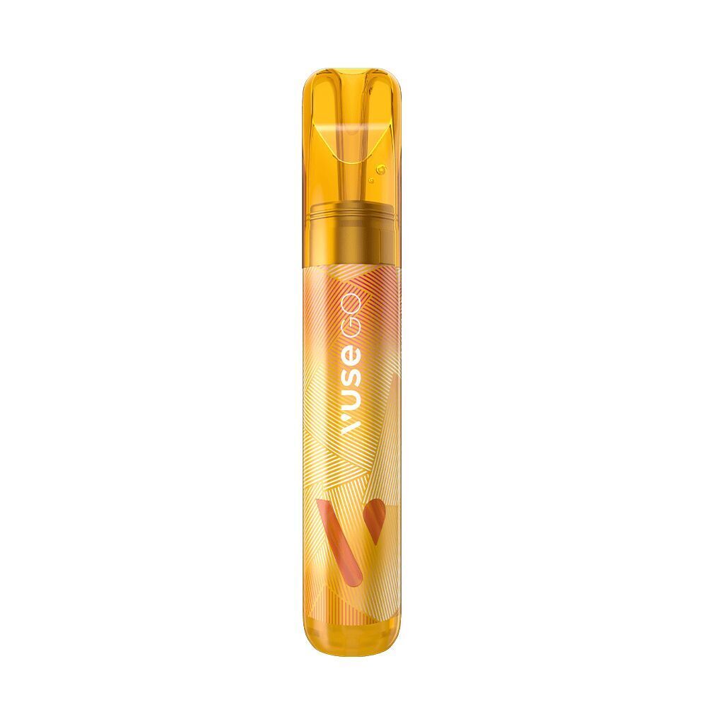 Mango Ice 20mg - Vuse GO 1000 Einweg Gelbes Vuse GO 1000 Mango Ice 20mg Gerät mit transparentem Mundstück und geometrischen Mustern auf weißem Hintergrund.