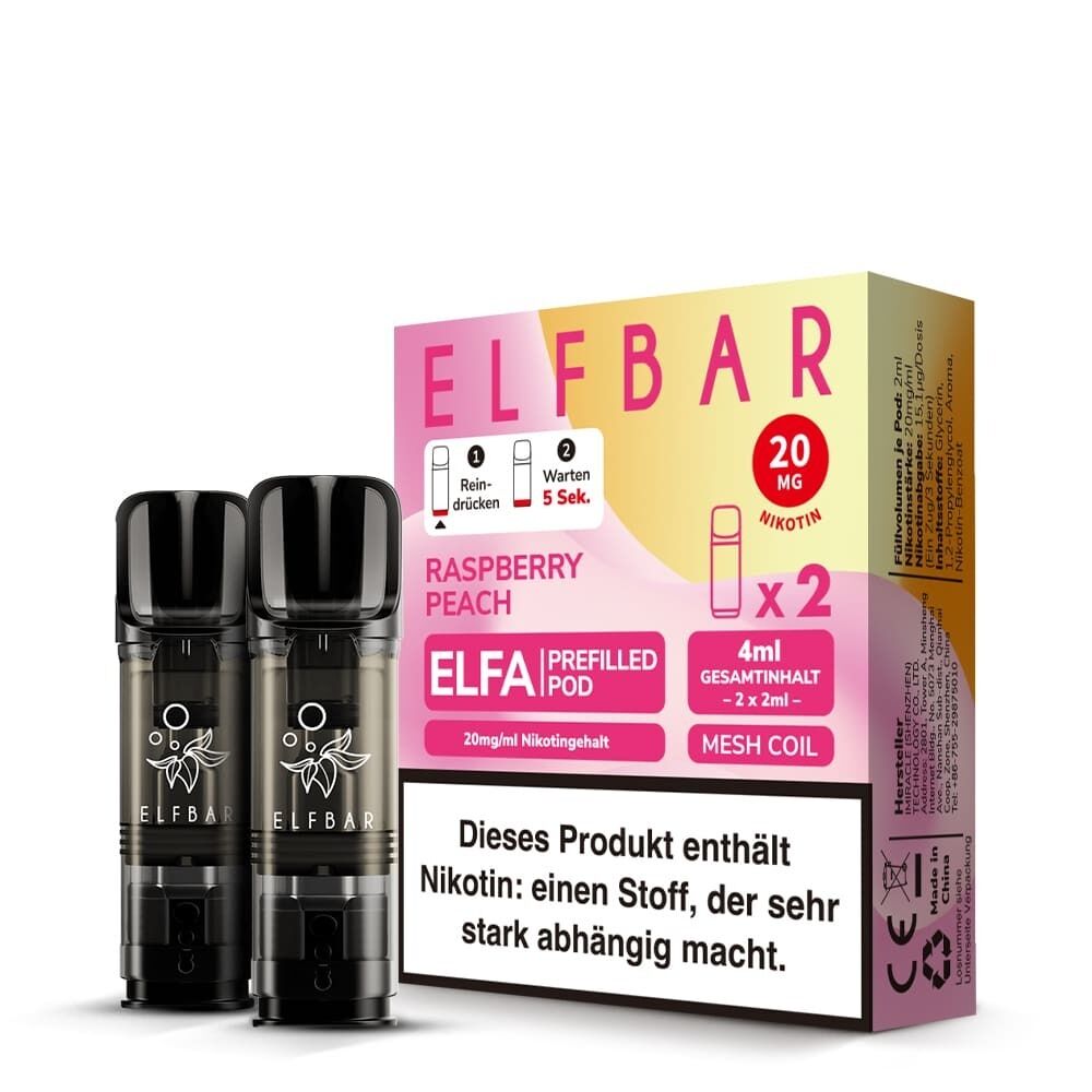 ELB554 Elfbar ELFA Pods Raspberry Peach 20mg mit zwei transparenten Pods und einer rosa-weißen Verpackung, die Nikotin-Warnhinweise zeigt