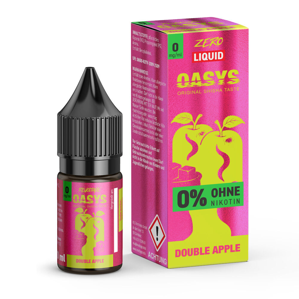 Revoltage Oasys Hybrid Liquid - Double Apple Flasche und Verpackung des Revoltage Oasys Hybrid Liquid mit Double Apple Geschmack, 0% Nikotin, in leuchtendem Pink und Grün.