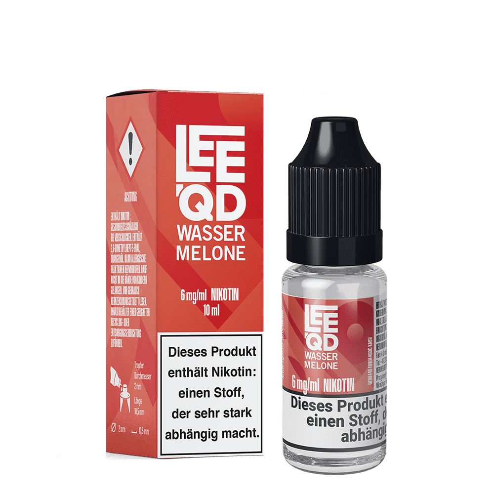Liquid Fruit Wassermelone 6mg - Leeqd Lee QD Liquid Flasche und Schachtel, Geschmacksrichtung Wassermelone, 6mg Nikotin, mit Warnhinweis über Nikotinabhängigkeit.