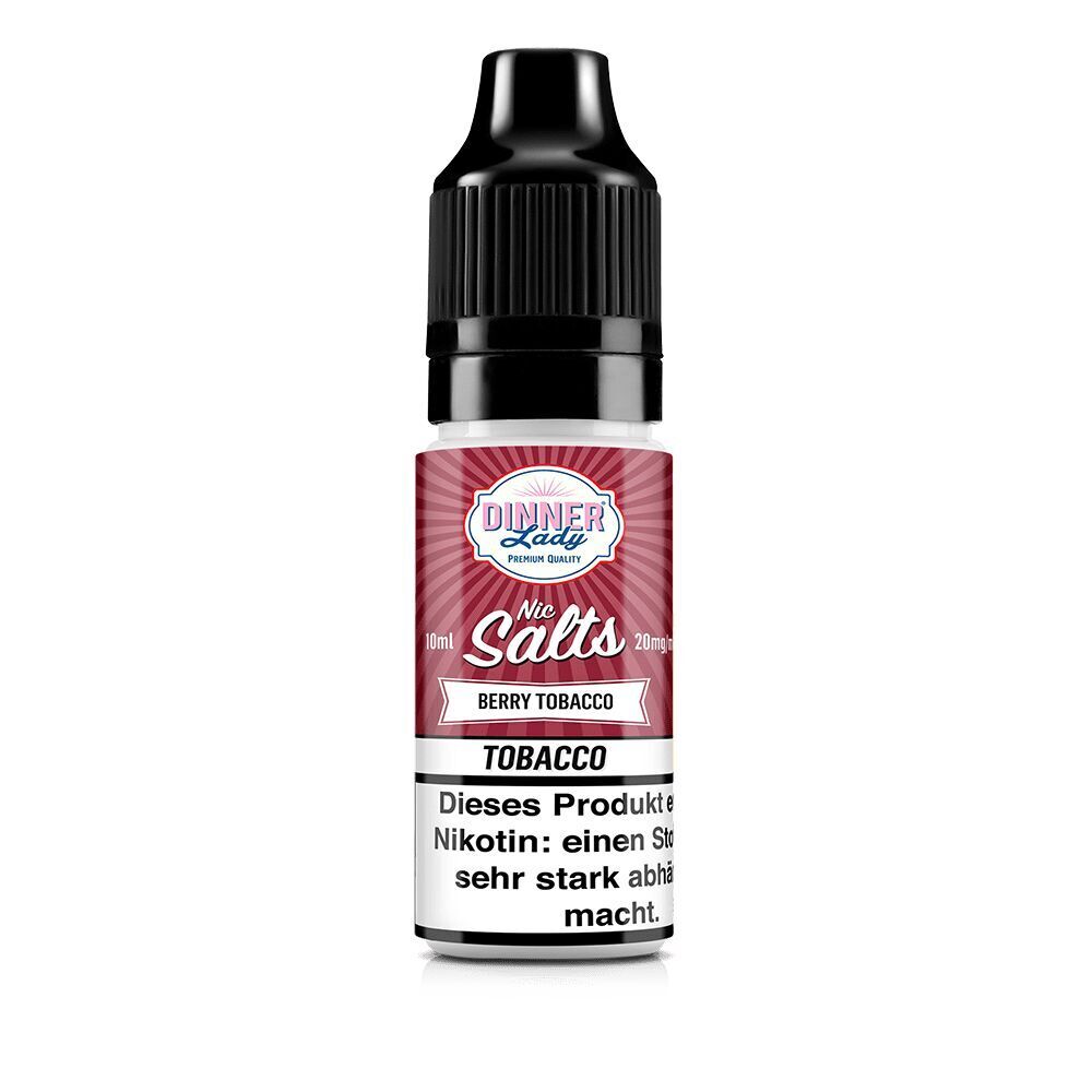 Flasche Dinner Lady Nikotinsalz Berry Tobacco 20mg mit schwarzem Deckel und rotem Etikett, Warnhinweis zur Nikotinsuchtentstehung