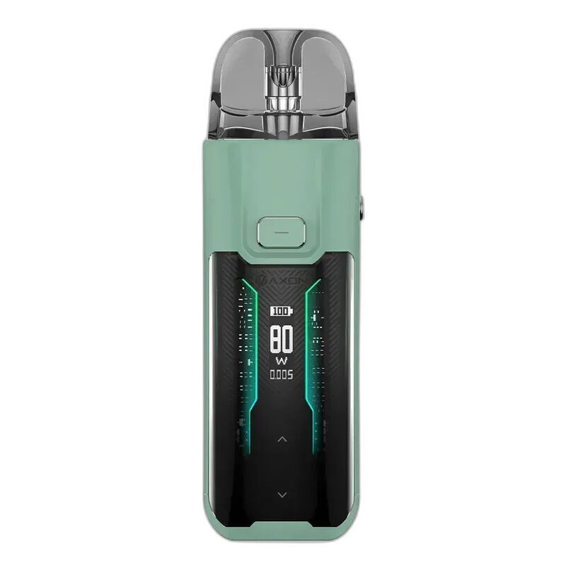 Vaporesso Luxe XR Max Pod Kit Green Vaporesso Luxe XR Max Pod Kit in Grün mit transparentem Mundstück und digitalem Display, das 80W und Batteriestatus anzeigt.