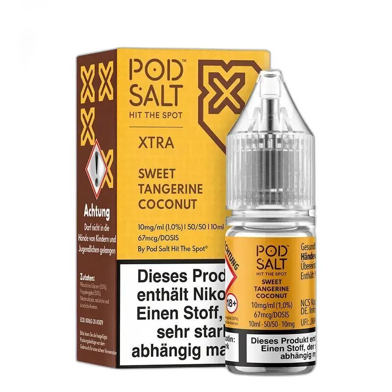 Liquid Sweet Tangerine Coconut von Pod Salt Xtra Pod Salt Xtra Nikotinsalz-Flasche und Verpackung mit der Aufschrift Sweet Tangerine Coconut und Warnhinweis über Nikotinabhängigkeit.