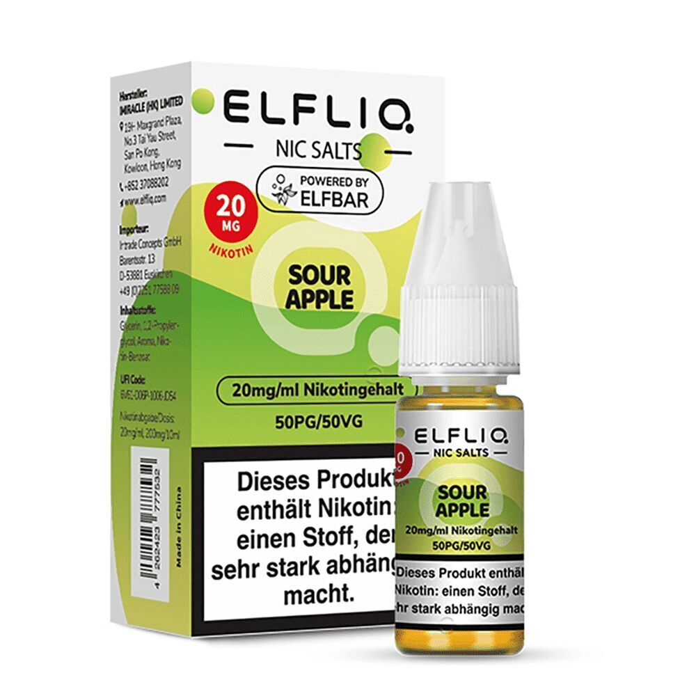 Elfliq Nikotinsalz - Sour Apple 20mg Elfliq Nikotinsalz Sour Apple 20mg, Flasche und Verpackung mit Nikotinwarnhinweis, grün-gelbes Design, 20mg/ml Nikotingehalt 50PG/50VG.