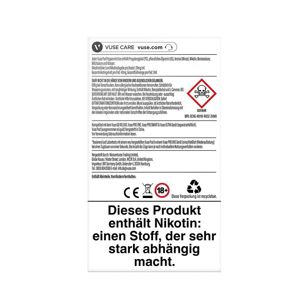 Vuse Pods - Peppermint Ice 0mg Weiße Verpackung von Vuse Pods Peppermint Ice 0mg, Sicherheits- und Gesundheitswarnungen, enthält kein Nikotin, ab 18 Jahren geeignet.