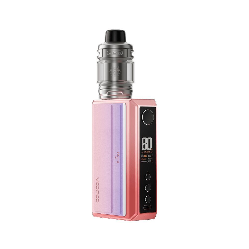Voopoo Drag 5 Kit in Sakura Pink mit silbernem Tank, seitlichem Display mit 80 Watt Anzeige und drei Tasten auf der Benutzeroberfläche.