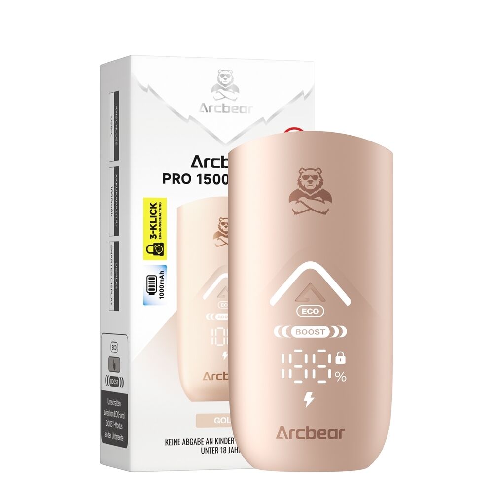 Arcbear Pro 15000 Akkuträger - Gold Arcbear Pro 15000 Akkuträger in Gold, mit digitaler Anzeige, ECO- und BOOST-Modus, vor Verpackung mit Bärenlogo.