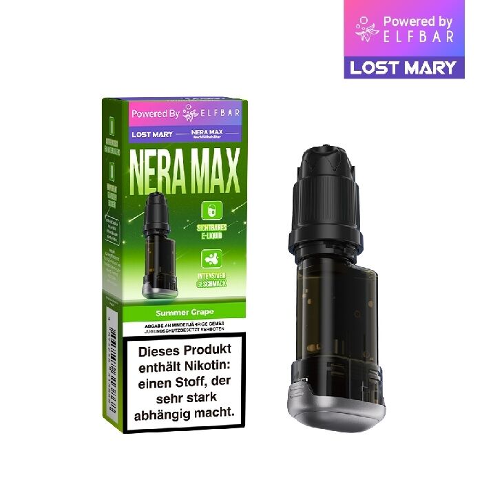 Lost-Mary-Nera-Nachfüllbehälter-Summer-Grape.jpg Verpackung und Pod von Lost Mary Nera Max 15K in Summer Grape Geschmacksrichtung, enthält Warnhinweis über Nikotinabhängigkeit.