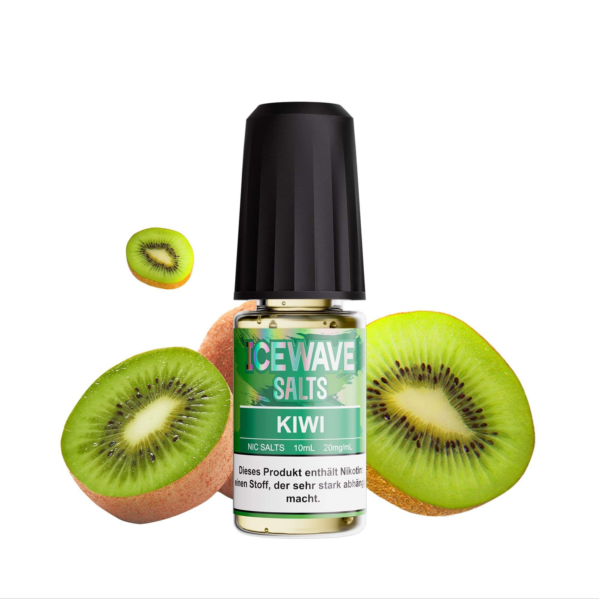Icewave Nikotinsalz - Kiwi 20mg Icewave Nikotinsalz Kiwi-Flasche mit schwarzem Deckel umgeben von Kiwi-Früchten, Produktaufdruck zeigt 10ml und 20mg Nikotingehalt