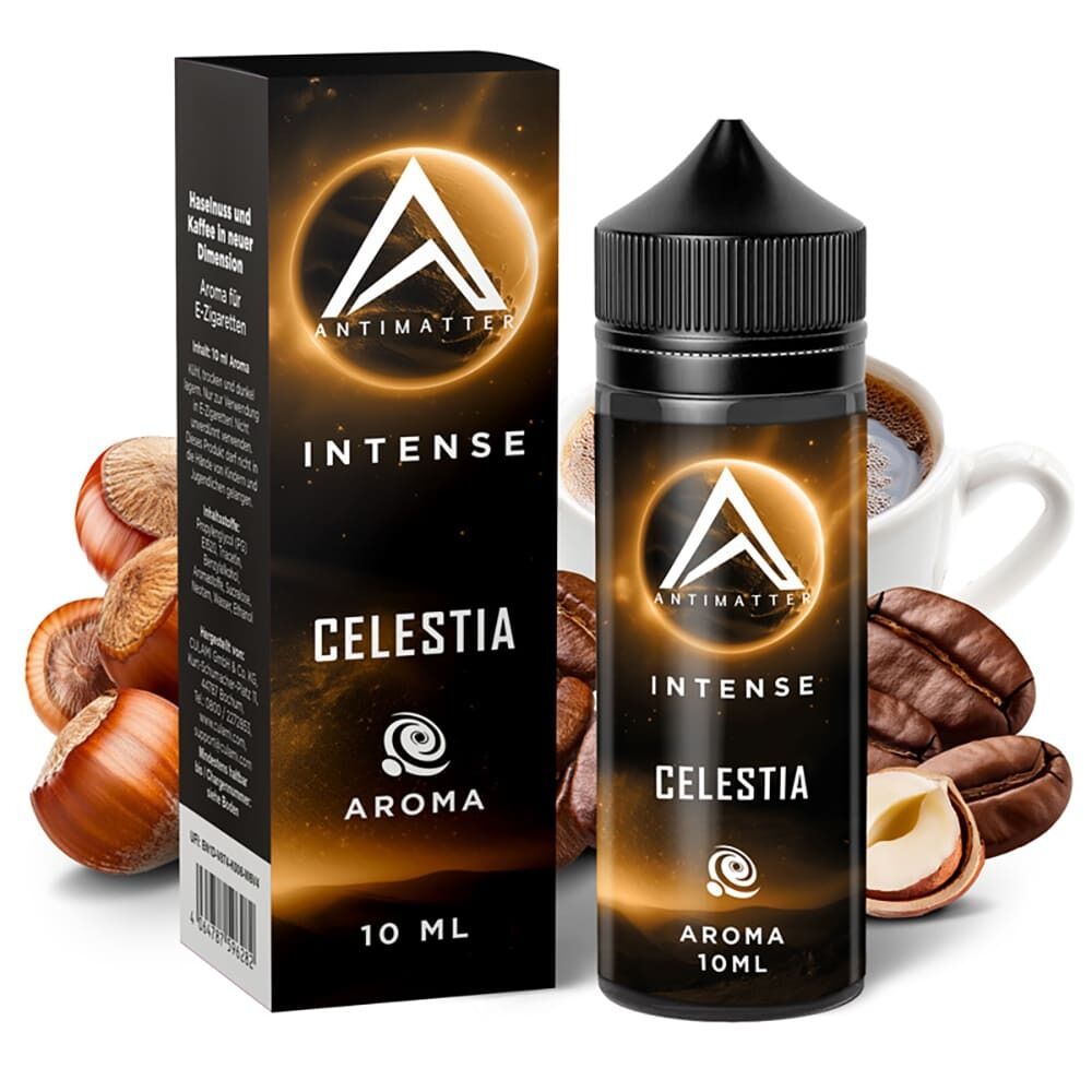 Aroma Celestia von Antimatter Intense Antimatter Intense Aroma Celestia Flasche und Verpackung mit Haselnüssen, Kaffeebohnen und einer Tasse Kaffee im Hintergrund.